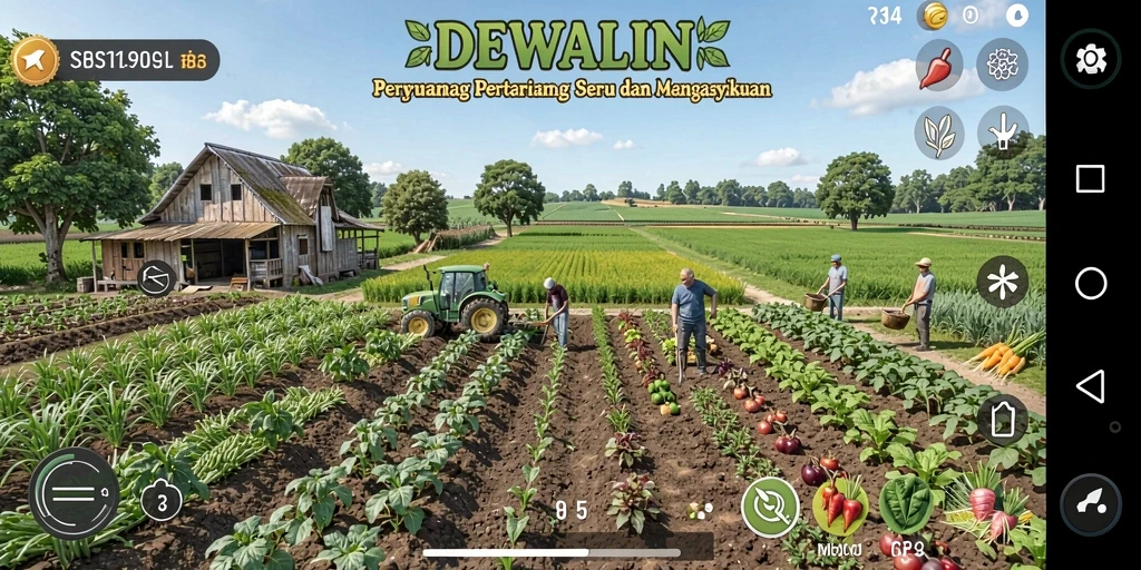 Screenshot gameplay DEWALIN menampilkan ladang yang subur dan pengelolaan tanaman.