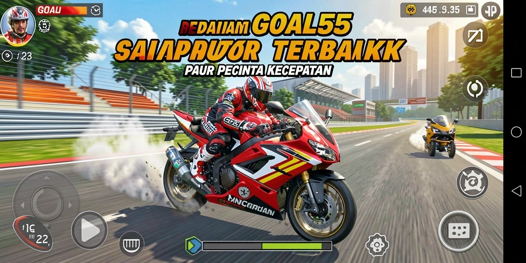 Screenshot utama GOAL55 menampilkan aksi balapan motor yang mendebarkan.