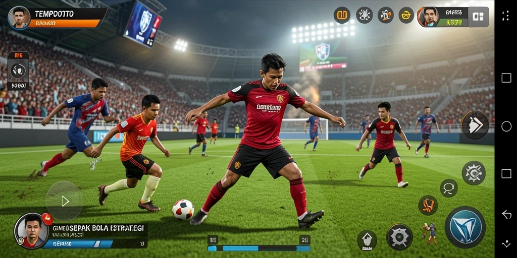 Tangkapan layar gameplay TEMPOTOTO menampilkan aksi sepak bola yang menarik.