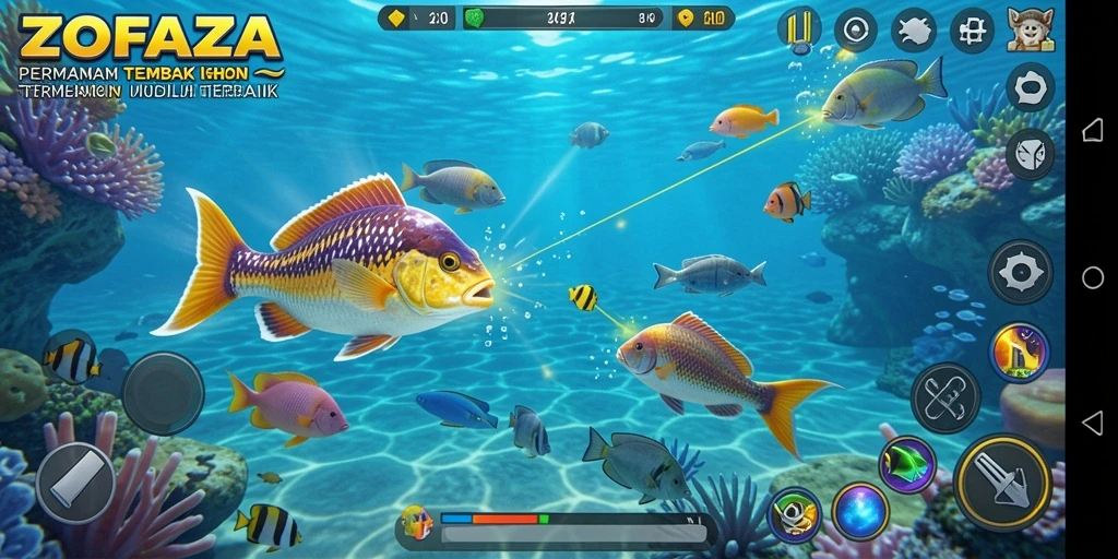 Screenshot gameplay ZOFAZA dengan aksi menangkap ikan.